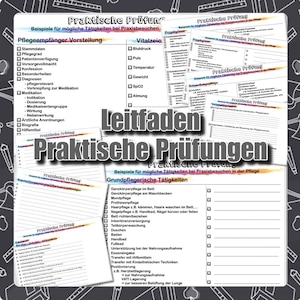Op de afbeelding: Een verzameling Duitstalige educatieve documenten getiteld "Praktische Prüfung" (Praktisch Examen). De documenten behandelen onderwerpen als patiëntenzorg, vitale functies en verpleegkundige procedures. De afbeelding is een compilatie van checklists en gidsen.
