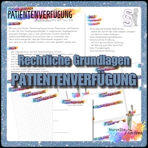 May include: A blue and white graphic with the text "Rechtliche Grundlagen PATIENTENVERFÜGUNG" in bold, blue letters. The graphic also includes a section titled "Definition" and "Fakten" with text about patient directives. The graphic also includes a section titled "Inhalt" with a list of examples of what a patient directive might include.