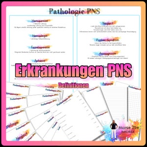 Könnte beinhalten: Ein farbiges, druckbares Arbeitsblatt mit dem Titel "Pathologie PNS" und dem Untertitel "Erkrankungen PNS" in Rosa und Orange. Das Arbeitsblatt enthält Definitionen verschiedener neurologischer Erkrankungen, wie z. B. Hemiparese, Hemiplegie, Fazialisparese, Aphasie, Neglect, Pusher-Syndrom, Anosognosie und Agnosie. Das Arbeitsblatt ist für Medizinstudenten oder Fachkräfte konzipiert.