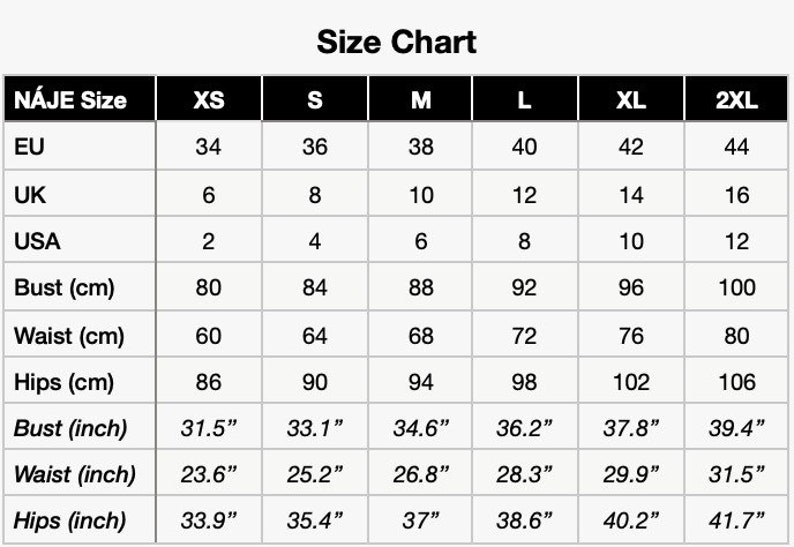 Pode incluir: Tabela de tamanhos para roupas em tamanhos dos EUA, Reino Unido e UE. A tabela mostra as medidas em polegadas e cent&iacute;metros para busto, cintura e quadris. Os tamanhos variam de XS a 2XL.