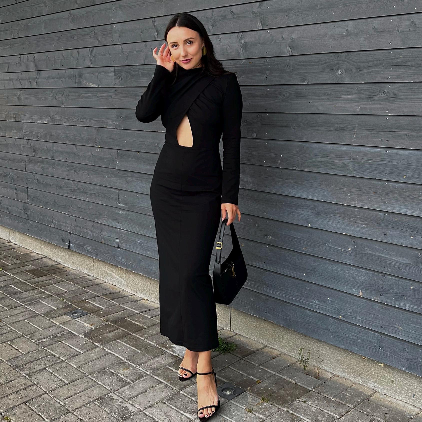 black long sleeve high slit dress Square Neck High Slit Dress Long Sleeve