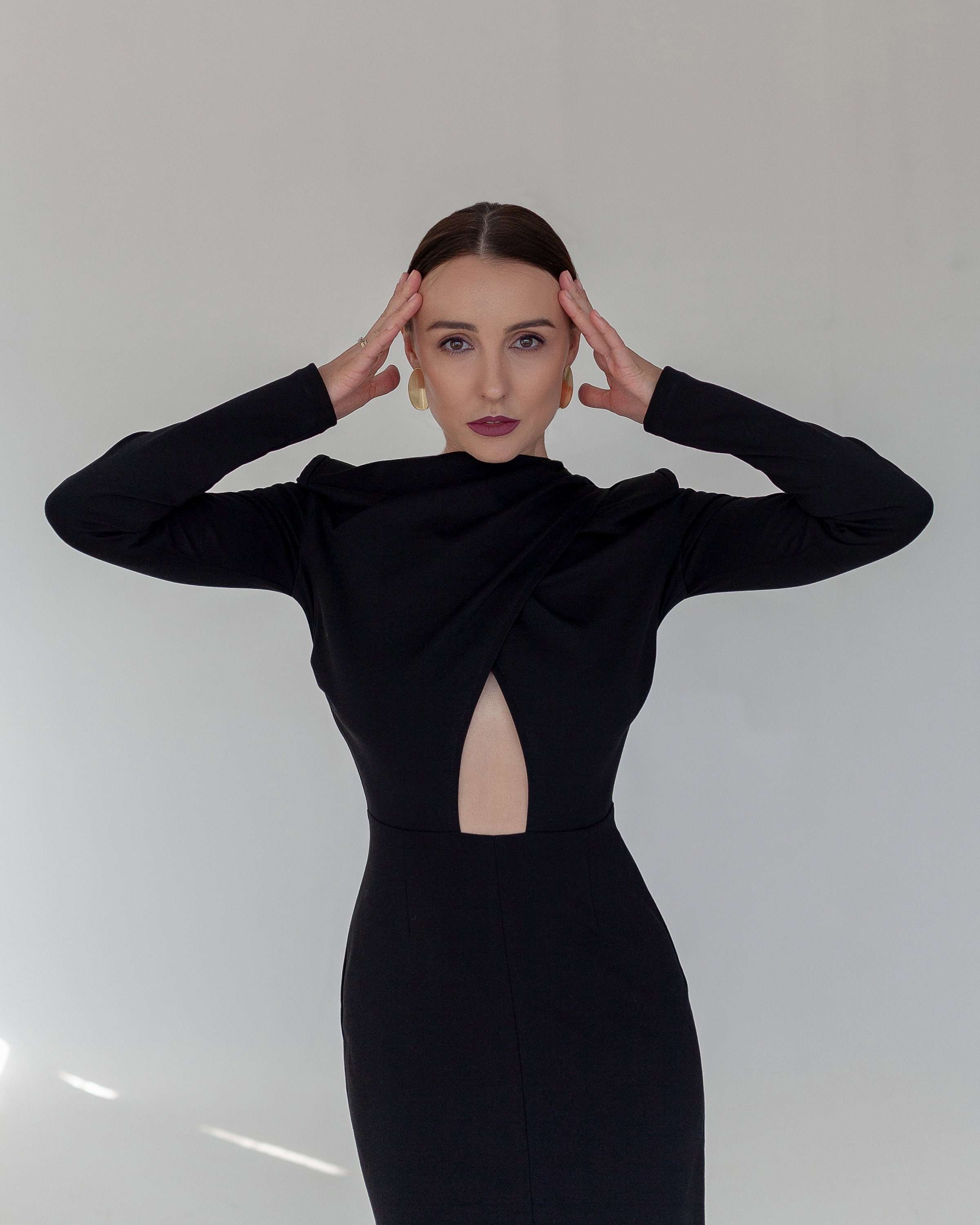 black long sleeve high slit dress Black Maxi Satin Sleeved Dress with High leg Slit