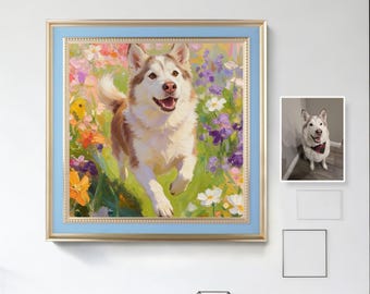 May include: A framed painting of a running husky dog in a field of colorful flowers. The dog has brown and white fur and is smiling. The painting is in a gold and blue frame.