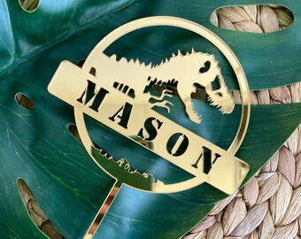 Dinosaur T-Rex Cake Topper - Acrylic Gold Cake Topper Boys Themed Birthday - Personalised Cake Toppers - Dinosaur Dino Jurassic Cake Topper