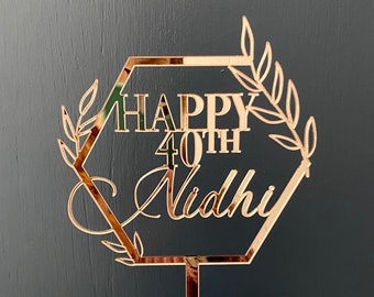 Name Age Cake Topper - Rose Gold Cake Topper - Floral Design Cake Topper - Number Name Cake Topper - Acrylic Cake Decor - Personalised Cake