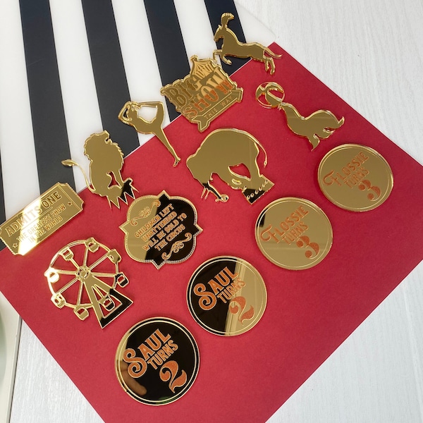 Circus Themed Cupcake Toppers - Circus Carnival Cake Charms - Gold Acrylic-Circus Roll Up Animals - Circus Tent - Greatest Showman Inspired