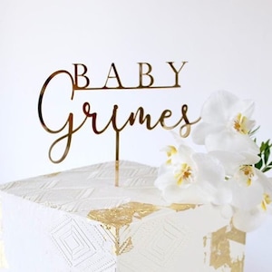 Baby Cake Topper - Baby Surname Gold Cake Topper - Cake Decor - Baby Shower Cake Topper -Custom Cake Topper-Personalised Topper-Gold Acrylic