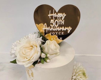 Personalized Golden Anniversary Heart Cake Topper – 50 Years Married Acrylic Decor