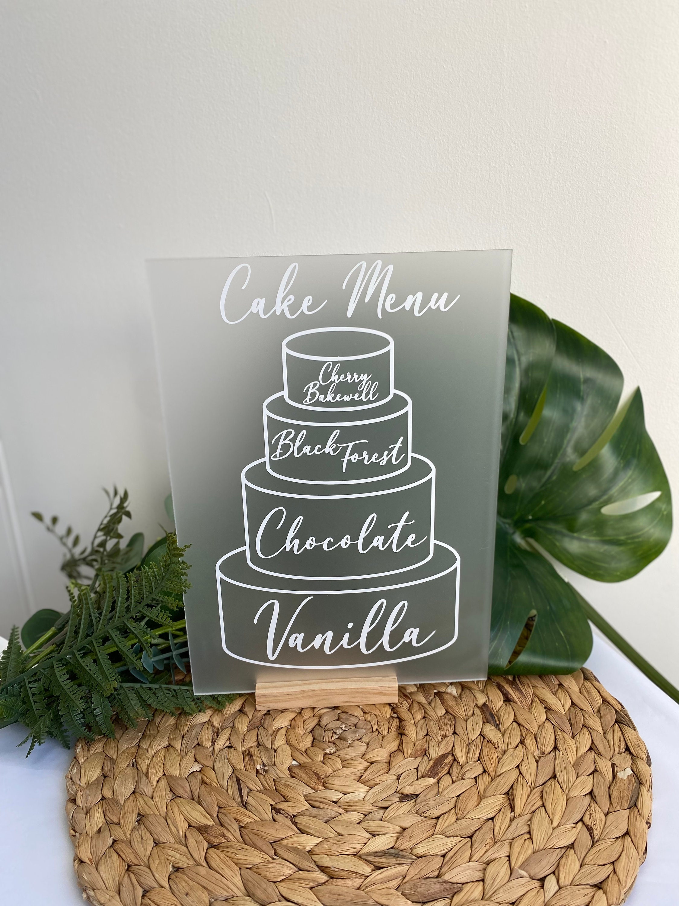 Acrylic Wedding Cake Flavor Sign – Frosted White Menu Display