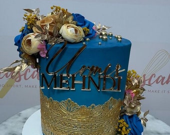 Personalised Mehndi Cake Charm - Mehndi Cake Topper - Custom cake Charm - Gold Acrylic Cake Charm -Name Mehndi Cake Topper-Mehndi Decoration