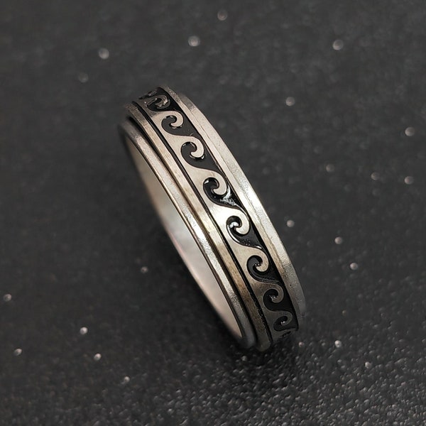 Worry rotating Ring Sea wave Black Ring Titanium steel Wedding Ring For him Couple Rings