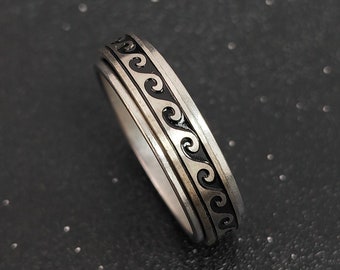 Titanium Steel Worry Ring: Rotating Sea Wave Band, Couple Ring