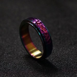 Colorful Unique Titanium Hand-punched PatternTitanium Heat Anodized Handcrafted Titanium Ring For Men Father's Day Gift For Him