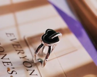 Black Onyx Heart Ring 925 Sterling Silver Rings Vintage Open adjustable Ring Gift