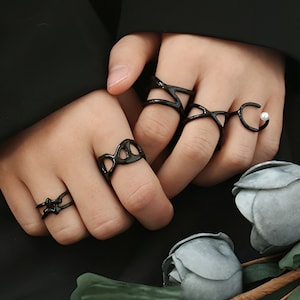 Handmade Black Enamel ring adjustable Ring stacking ring minimalist ring, tiny ring Halloween Gift Cosplay