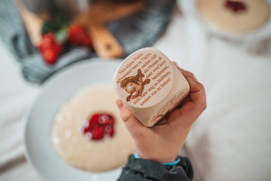 Tischspruchwürfel für Kinder aus Holz mit Bildern, Würfel Essensrituale