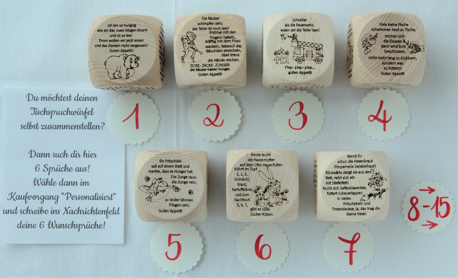 Personalisierbarer Tischspruchwürfel aus Holz, Würfel Sprüche