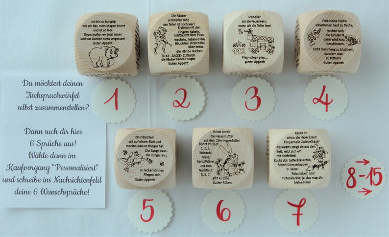 Personalisierbarer Tischspruchwürfel aus Holz, Würfel Sprüche