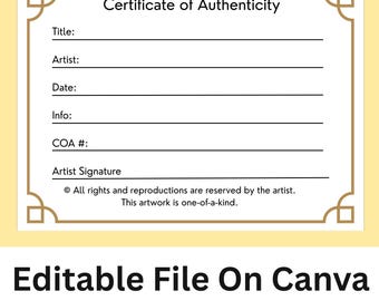 Editable Certificate of Authenticity Template | ACEO COA Printable Card (Digital Download) PDF
