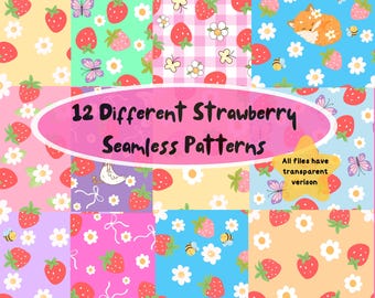Strawberry Seamless Patterns | Pastel Floral Digital Paper (300 DPI PNG)