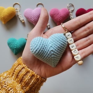 Name Valentine’s Day Heart Keychain Gift, Custom Crochet Heart Keychain,  Bachelorette Party Gift