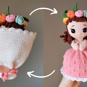 Ramo de flores reversible y muñeca, muñeca princesa de flores amigurumi, idea de regalo para el día de San Valentín