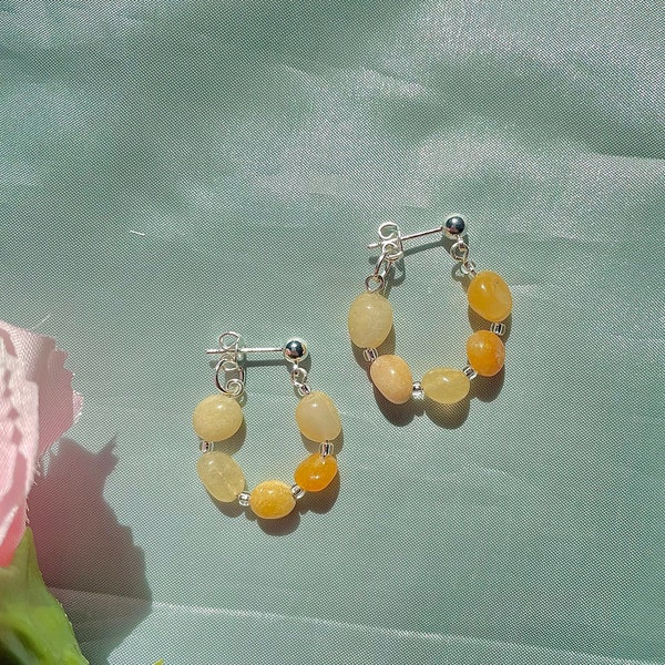 DAISY | Yellow Jade hoop earrings, 925 sterling silver gemstone crystal earrings 18k gold plated summer jewellery yellow beaded earrings