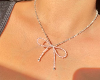 BOW | Dainty beaded bow necklace, bow jewellery, coquette necklace, coquette jewellery, silver bow, pink ribbon necklace