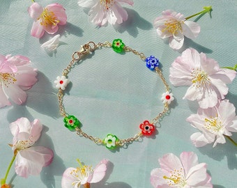 Bracelet Millefiori | Bracelet floral fleur en verre italien, acier inoxydable plaqué or 18 carats et argent sterling, bracelet fleur d'hibiscus