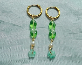 One Of A Kind | lampwork glass pearl hoops 18k pvd stainless steel earrings summer earrings, colourful hoops, gold statement pearl earrings