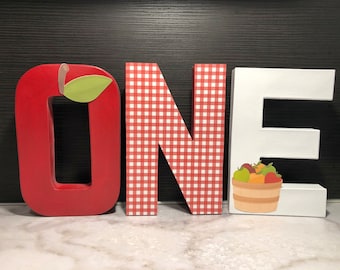Apple of Our Eye Painted Birthday Letters O-N-E, Apples, Apple Bucket, Red Gingham, White, Red, Green Apples, Yellow Apples