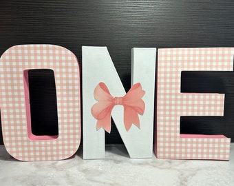 Bows and Bonnets Pink Bow Painted Birthday Letters O-N-E, Pink, Gingham, White, Bow
