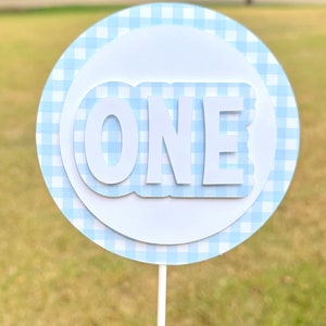 Blue Gingham 1st Birthday Cake Topper