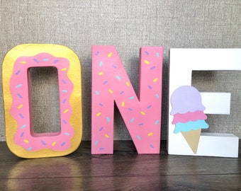 Sweet One Painted Birthday Letters O-N-E, Donut, Ice Cream Cone, Sprinkles, Pink, Gold, Blue, Purple, Yellow