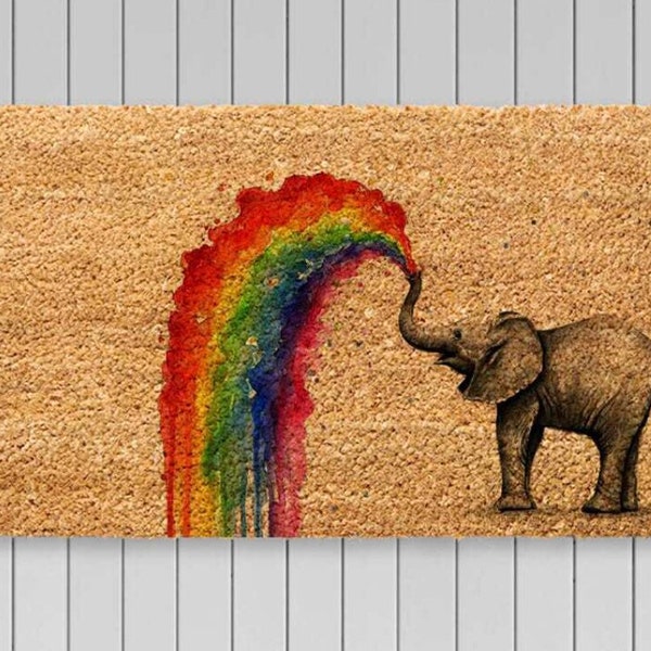 Zerbino arcobaleno, natura elefante decoro zerbino, regalo per la casa, arredamento della porta d'ingresso, definizione di tappetino, arredamento del portico