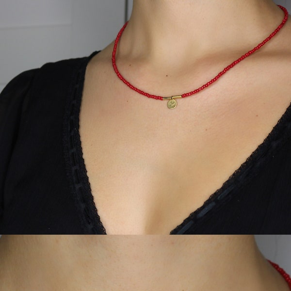 Halskette handgemacht Perlenhalskette rot gold Schmuck