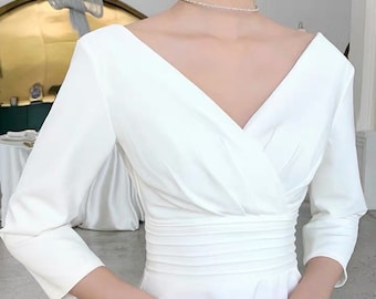 JanieLs französische weiße Kleider elegante Abendkleider Braut Hochzeitskleid Hochzeitskleid Brautkleid tiefes V-Ausschnitt Kleid