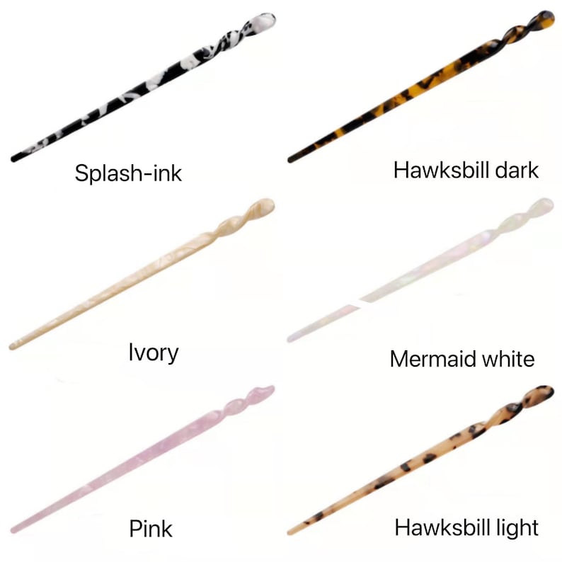 May include: Six hair sticks in different colors and patterns. The sticks are made of plastic and have a twisted design. The colors are black and white, brown, ivory, white, pink, and light brown. The patterns are splash-ink, hawksbill dark, ivory, mermaid white, pink, and hawksbill light.