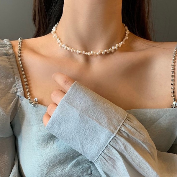Schmuck zarte Perlenkette aus gezüchteten Perlen Pearl necklace Damen weiße Halskette Geschenk für sie zeitlose Halskette