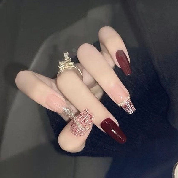 Press On Nails Coffin Luxury | Press On Nails | Fake Nails Crystal Set Glue on Nails | Gift for her