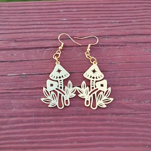 B Grade Gold Mushroom Earrings | Celestial Earrings | Celestial Gold Mushroom Earrings | Witchy Earrings | Gothic Earrings | Nature Earrings