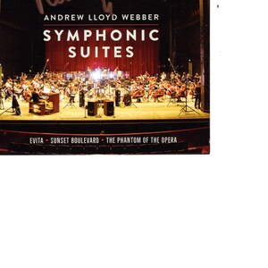May include: A CD cover featuring a photograph of an orchestra performing on stage. The title of the album is "Symphonic Suites" by Andrew Lloyd Webber. The album includes music from Evita, Sunset Boulevard, and The Phantom of the Opera.