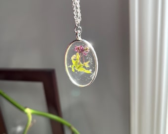 Cottagecore Pressed Purple Flower Resin Pendant: Handmade Silver Necklace