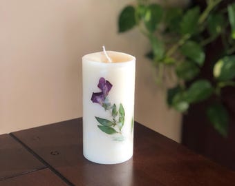 Handmade 100% Beeswax and Hand Pressed Snapdragon Flower Pillar Candle, Unscented, Purple Snapdragon