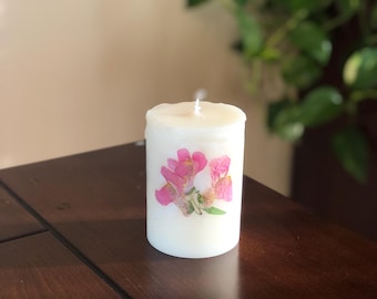 Handmade 100% Beeswax and Pressed Pink Snapdragon Flower Pillar Candle, Unscented, Hand-Pressed, Locally Sourced