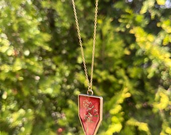 Pressed Wildflower Arrowhead Pendant: Deep Red Resin, Gold Chain