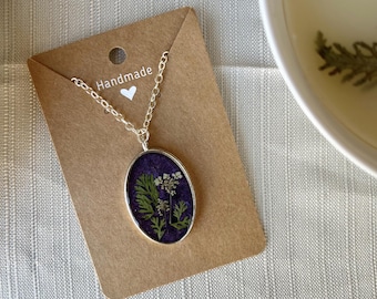 Pressed Flower Resin Pendant Necklace: Purple Botanical Jewelry
