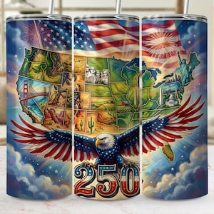 Vaso térmico con mapa patriótico de EE. UU. y águila (PNG) / Envoltura de sublimación del 250 aniversario del 4 de julio