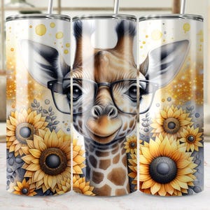 Cute Giraffe with Glasses and Sunflowers Digital Tumbler Wrap Sublimation Design, Fun Animal Art PNG for Tumblers, Instant Download