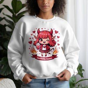 Devilishly Sweet Girl T-Shirt, Cute Devil Chibi Digital Art, Valentines, Devil Girl With Drink, Hearts, Red, Candy Cane, TShirt Design